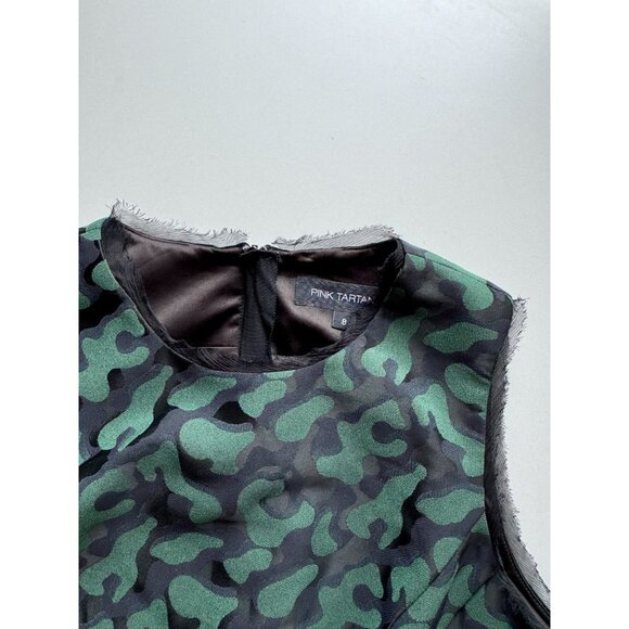 PINK TARTAN Alvina Green Black Camo Jacquard Silk Trim Fit & Flare Dress, Size 8 - Picture 10 of 13